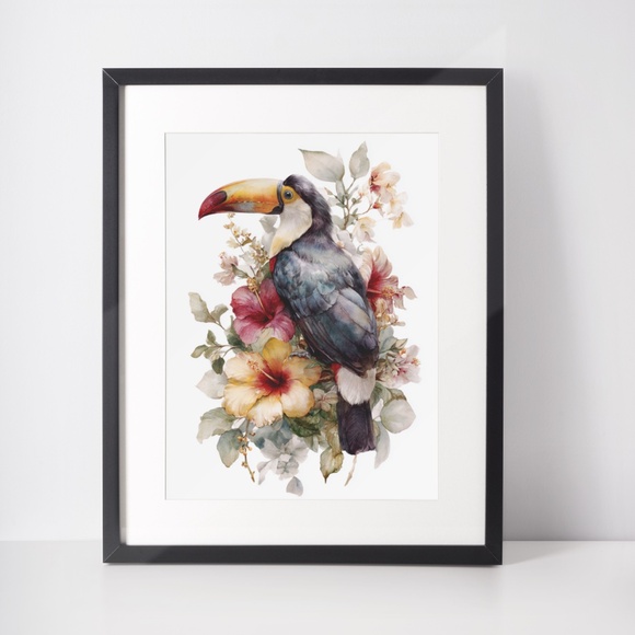 Watercolor Toucan with Flowers Wall Art Print, Unframed - Vibrant Tropical - Picture 3 of 7